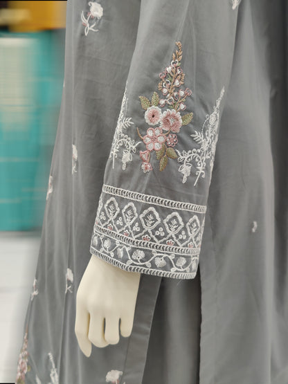 Grey Embroidered Shirt | White Contrast Dupatta | Stitched 3 Piece | Volume 1
