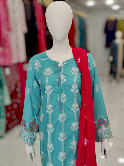 Embroidered Sky Blue RC43V3 | Shocking Pink Dupatta | Stitched | 3 Piece