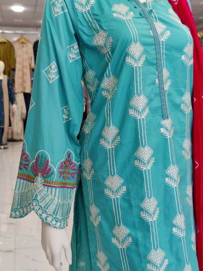 Embroidered Sky Blue RC43V3 | Shocking Pink Dupatta | Stitched | 3 Piece