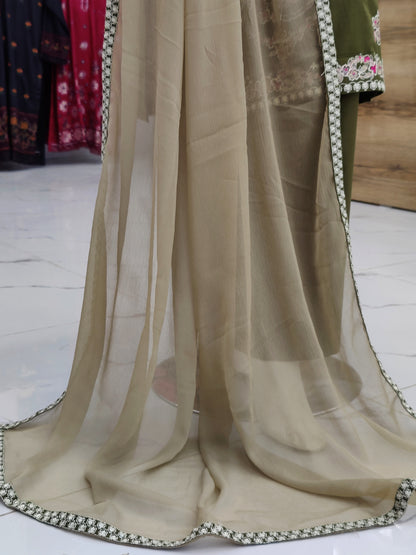 Embroidered Mehendi Shirt 3 Piece | Chiffon Bordered Dupatta | Stitched