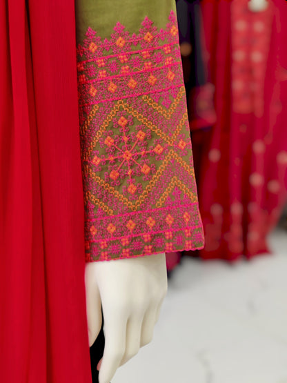 Embroidered Mehendi Shirt 3 Piece | Chiffon Bordered Dupatta | Stitched