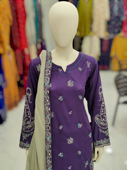 Purple Embroided Shirt | Light Gray Chiffon Dupatta |Stitched | 3 Piece
