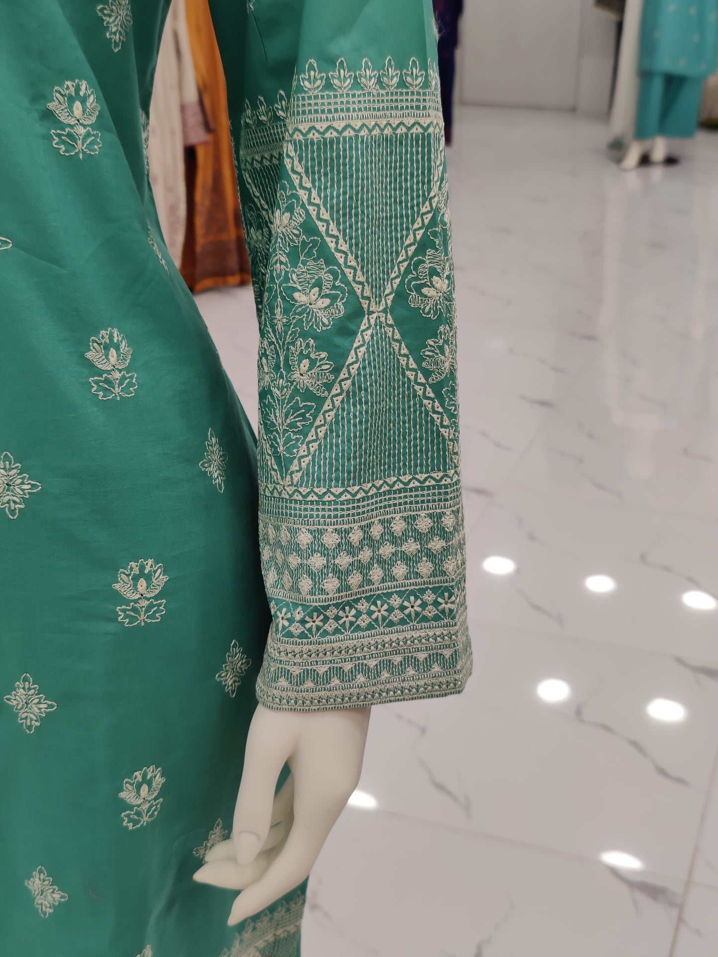 Light Sea Green Embroidered Shirt | Embroidered Cream Chiffon Dupatta | Stitched | 3 Piece