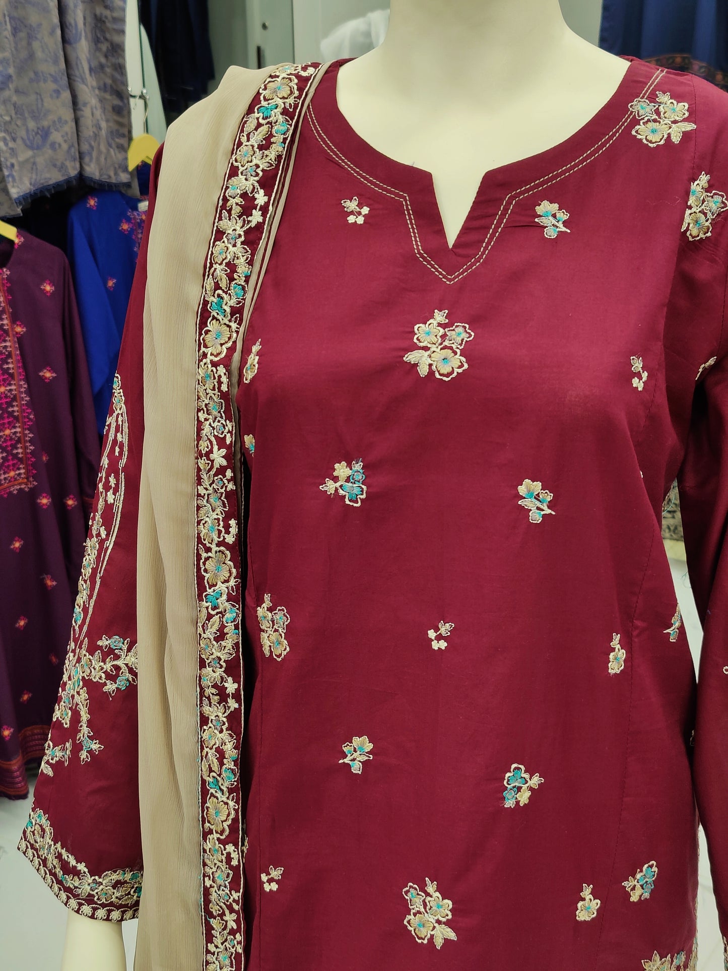 Maron Embroided Shirt | Light Brown Chiffon Dupatta |Stitched | 3 Piece