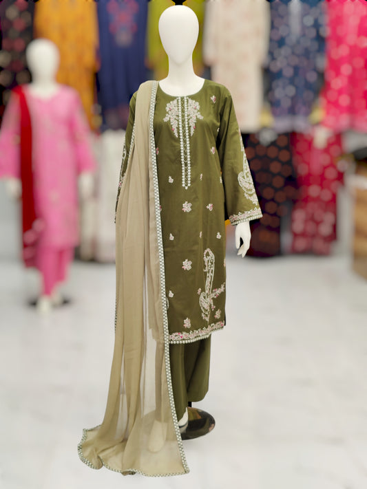 Embroidered Mehendi Shirt 3 Piece | Chiffon Bordered Dupatta | Stitched