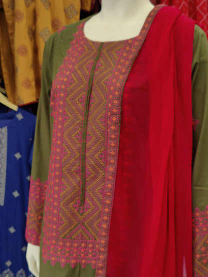 Embroidered Mehendi Shirt 3 Piece | Chiffon Bordered Dupatta | Stitched