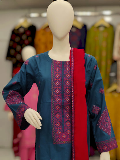 Embroidered Zinc Shirt 3 Piece V1434 | Chiffon Bordered Dupatta | Stitched