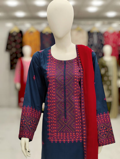 Embroidered Dark Blue Shirt 3 Piece | Chiffon Bordered Dupatta | Stitched