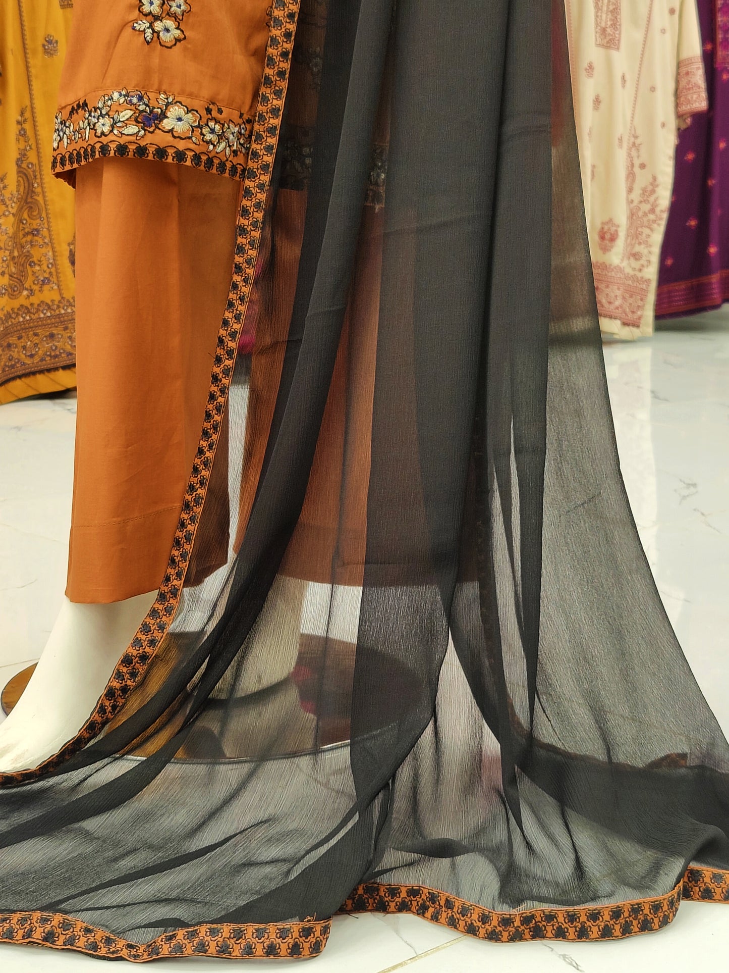 Embroidered Orange Shirt 3 Piece | Chiffon Bordered Dupatta | Stitched