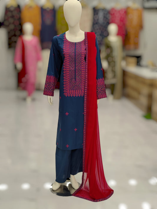 Embroidered Dark Blue Shirt 3 Piece | Chiffon Bordered Dupatta | Stitched