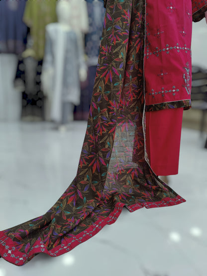 Embroidered Pink Lawn Shirt | Printed Tarkashi Lawn Dupatta | Stitched | 3 Piece