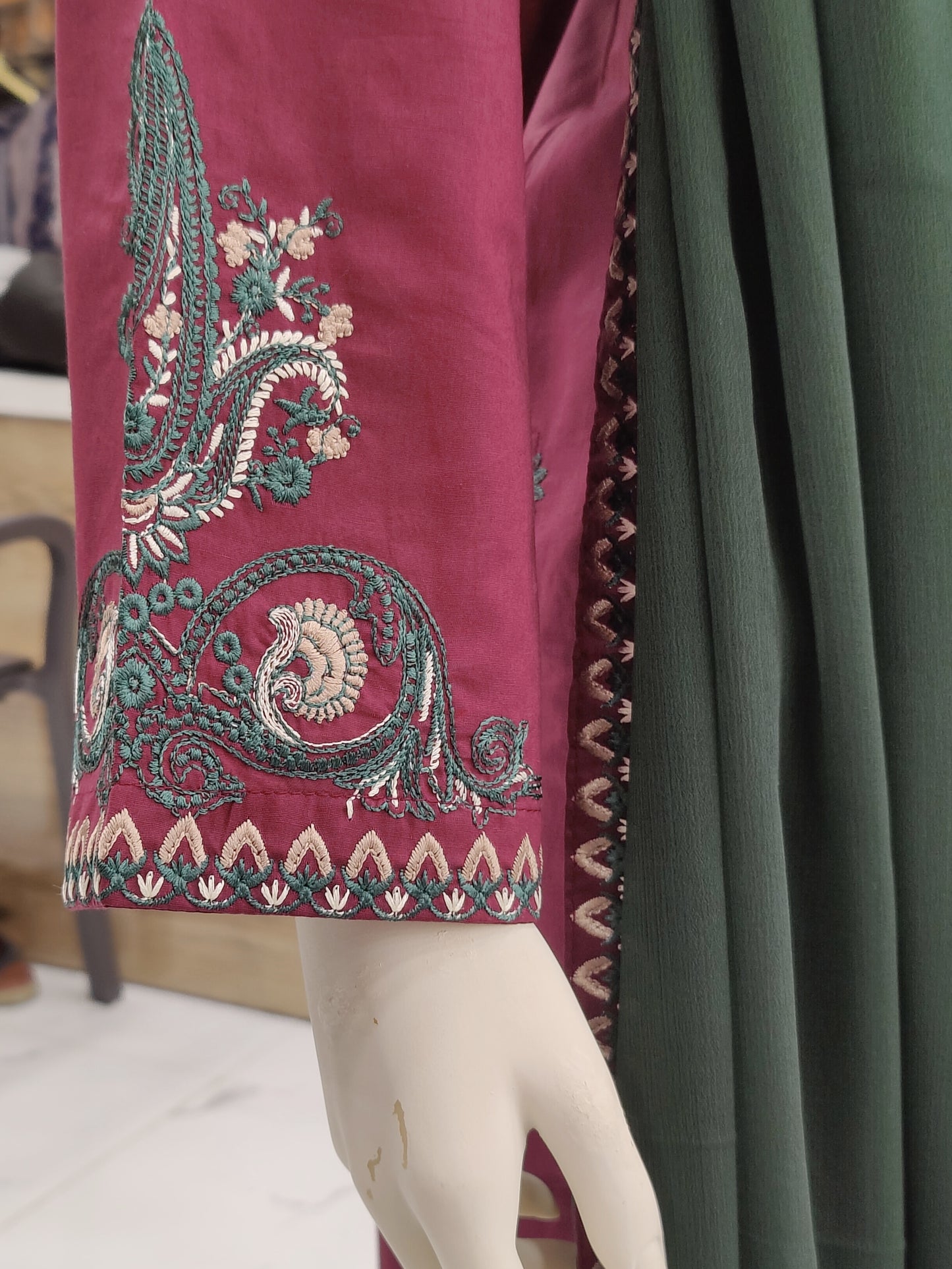 Dark Maroon Embroidered | dark Green Chiffon Dupatta | Stitched | 3 Piece
