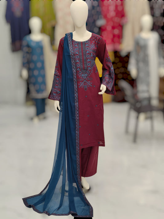 Embroidered Cross-stitch Maron RC43V11A | Dark Zinc Chiffon Dupatta | Stitched | 3 Piece