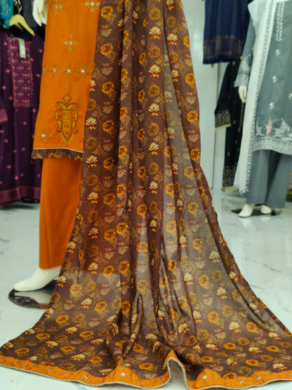 Embroidered Orange Lawn Shirt | Printed Tarkashi Lawn Dupatta | Stitched | 3 Piece