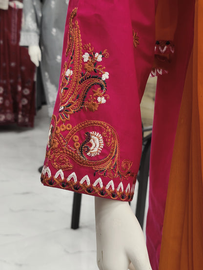 Pink Embroidered Shirt Black Dupatta | Stitched | 3 Piece
