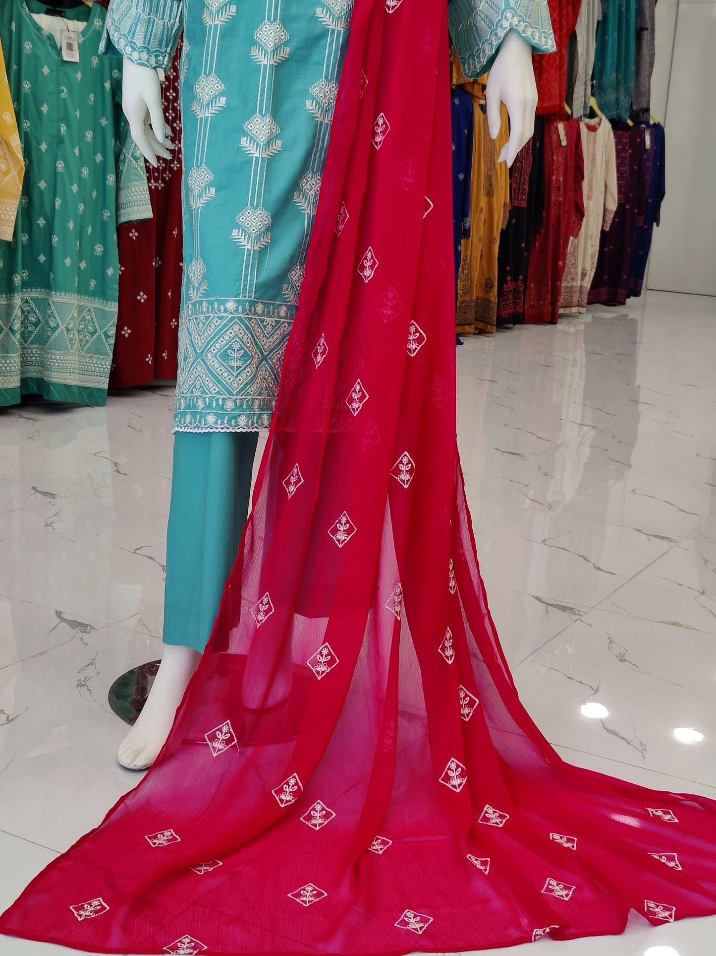 Embroidered Sky Blue RC43V3 | Shocking Pink Dupatta | Stitched | 3 Piece