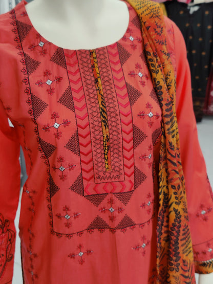 Embroidered Orange Lawn Shirt | Printed Tarkashi Lawn Dupatta | Stitched | 3 Piece