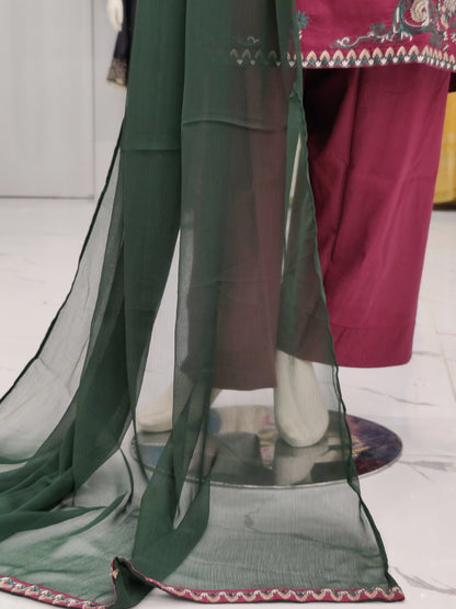 Dark Maroon Embroidered | dark Green Chiffon Dupatta | Stitched | 3 Piece