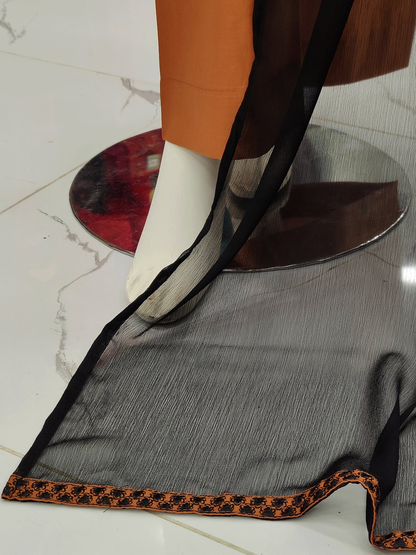 Embroidered Orange Shirt 3 Piece | Chiffon Bordered Dupatta | Stitched