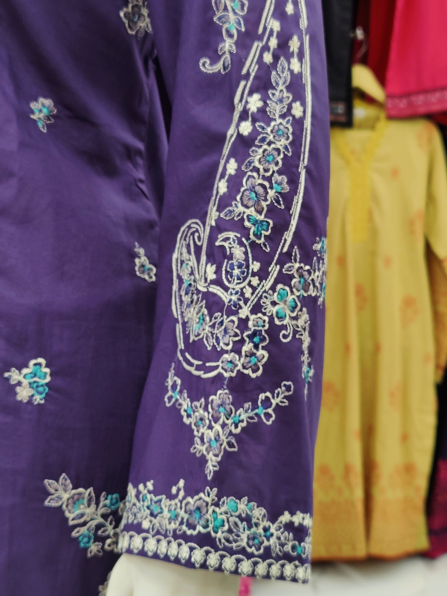 Purple Embroided Shirt | Light Gray Chiffon Dupatta |Stitched | 3 Piece