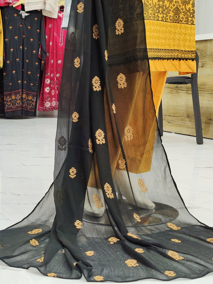 Yellow Embroidered Shirt RC43V32 | Black Chiffon Dupatta | Stitched | 3 Piece