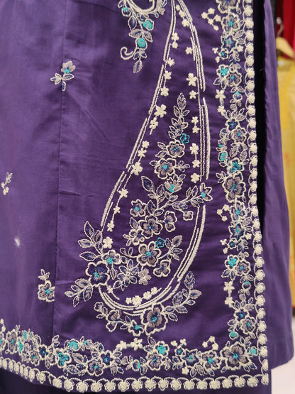 Purple Embroided Shirt | Light Gray Chiffon Dupatta |Stitched | 3 Piece