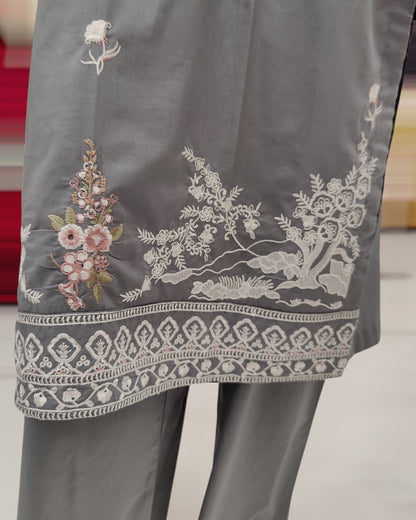 Grey Embroidered Shirt | White Contrast Dupatta | Stitched 3 Piece | Volume 1