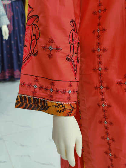 Embroidered Orange Lawn Shirt | Printed Tarkashi Lawn Dupatta | Stitched | 3 Piece