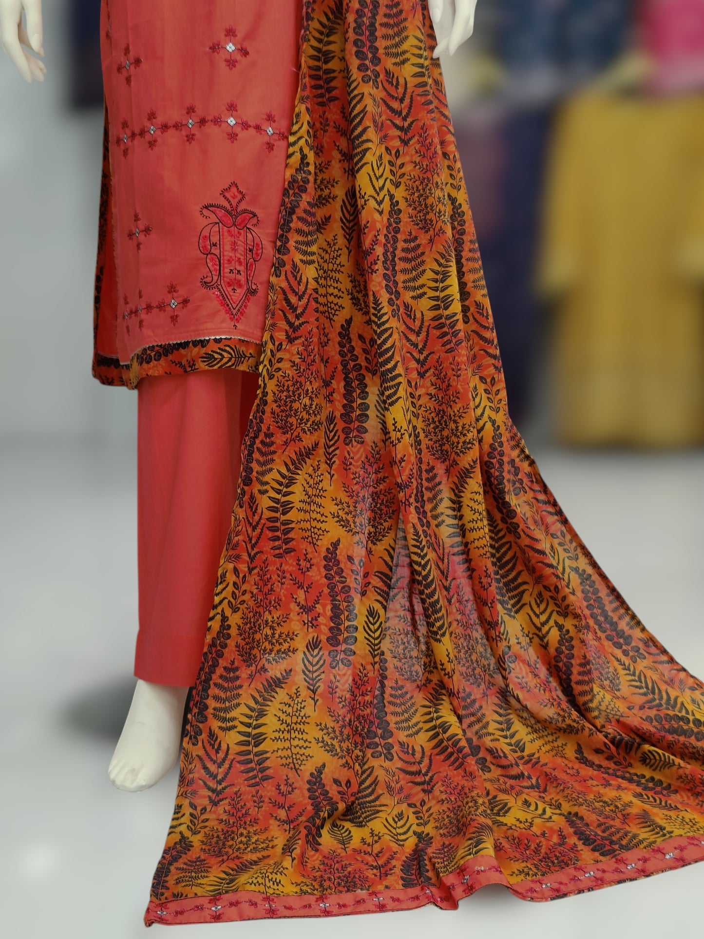 Embroidered Orange Lawn Shirt | Printed Tarkashi Lawn Dupatta | Stitched | 3 Piece