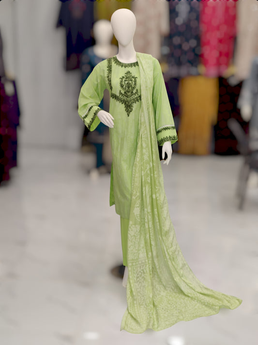 Paste Print With Karosha Work Light Green | Silk Burnout Dupatta | Stitched | 3 Piece