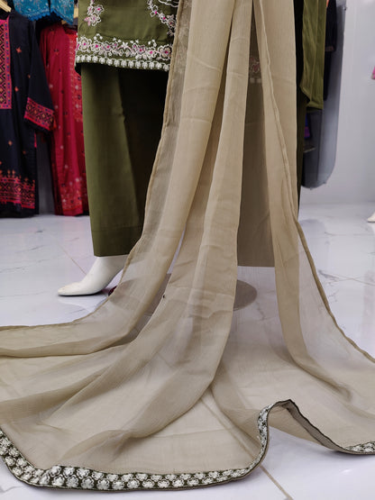 Embroidered Mehendi Shirt 3 Piece | Chiffon Bordered Dupatta | Stitched