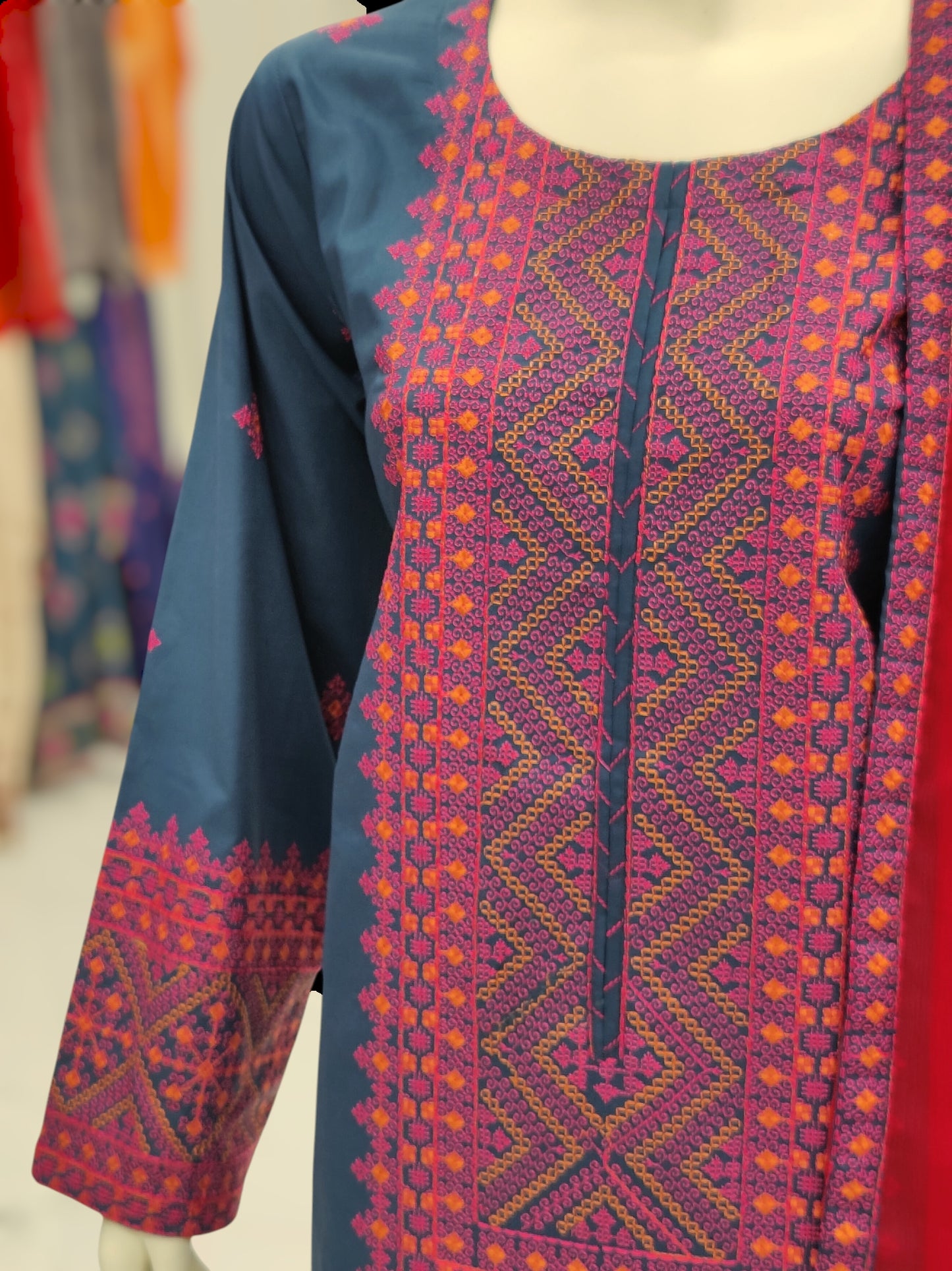 Embroidered Dark Blue Shirt 3 Piece | Chiffon Bordered Dupatta | Stitched