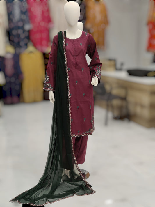 Dark Maroon Embroidered | dark Green Chiffon Dupatta | Stitched | 3 Piece