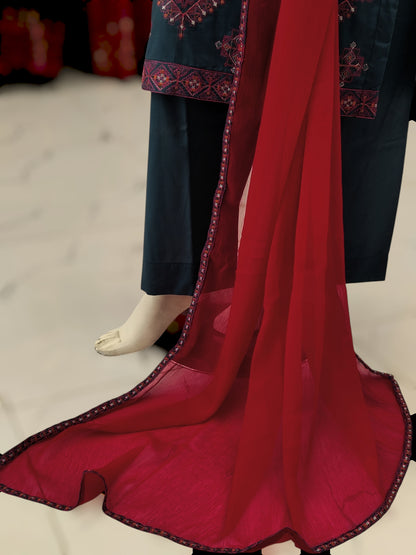 Embroidered Zinc Shirt 3 Piece V1434 | Chiffon Bordered Dupatta | Stitched