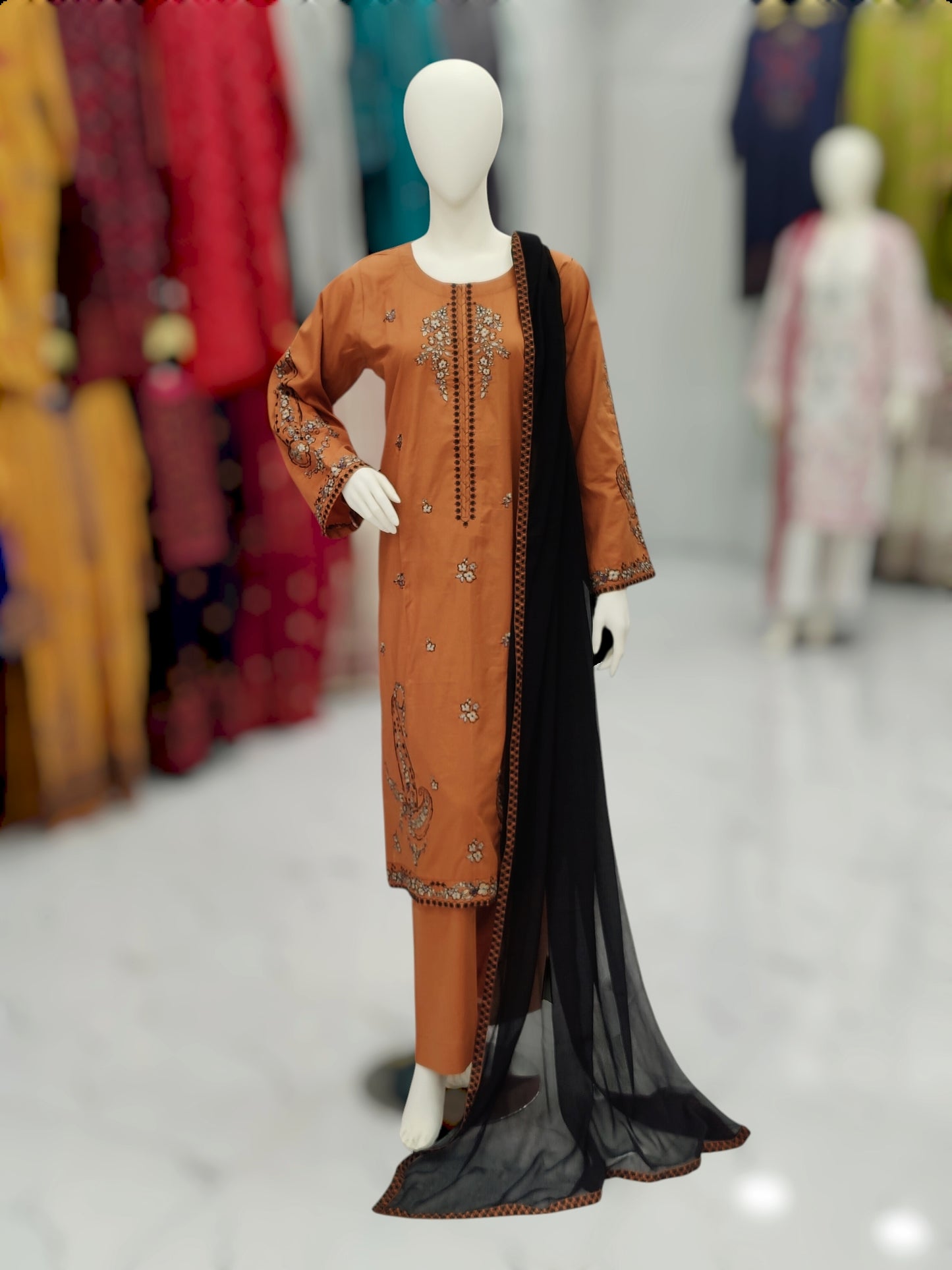 Embroidered Orange Shirt 3 Piece | Chiffon Bordered Dupatta | Stitched
