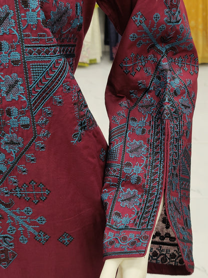 Embroidered Cross-stitch Maron RC43V11A | Dark Zinc Chiffon Dupatta | Stitched | 3 Piece