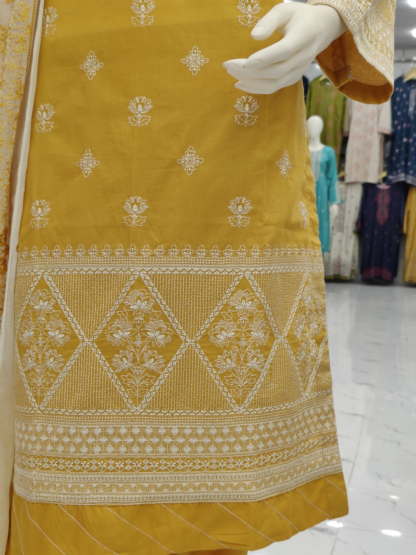 Embroidered Yellow Shirt | Embroidered Cream Dupatta | Stitched | 3 Piece