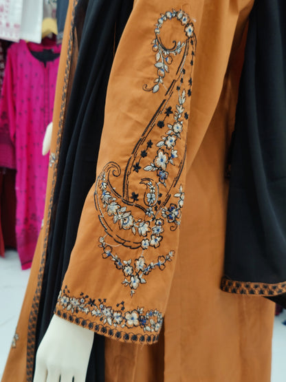 Embroidered Orange Shirt 3 Piece | Chiffon Bordered Dupatta | Stitched