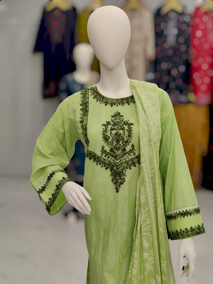 Paste Print With Karosha Work Light Green | Silk Burnout Dupatta | Stitched | 3 Piece
