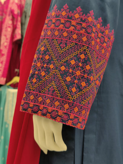 Embroidered Dark Blue Shirt 3 Piece | Chiffon Bordered Dupatta | Stitched