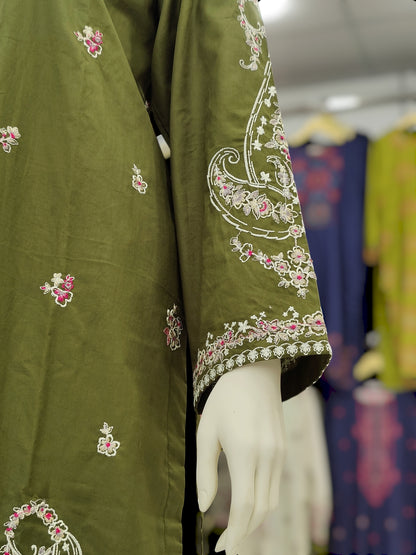 Embroidered Mehendi Shirt 3 Piece | Chiffon Bordered Dupatta | Stitched