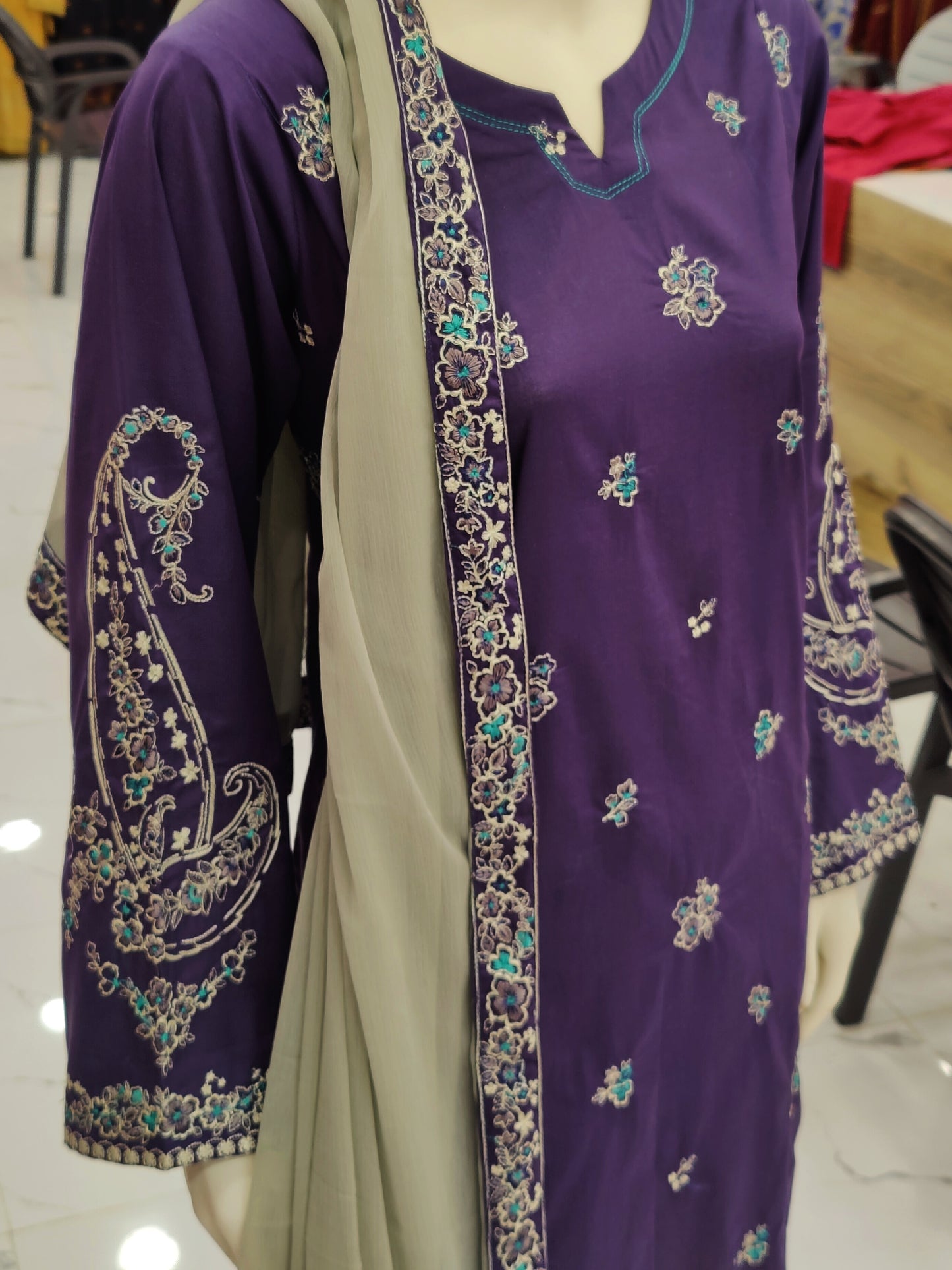 Purple Embroided Shirt | Light Gray Chiffon Dupatta |Stitched | 3 Piece