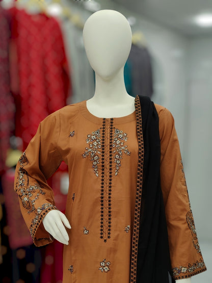 Embroidered Orange Shirt 3 Piece | Chiffon Bordered Dupatta | Stitched