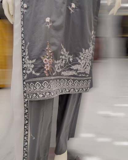 Grey Embroidered Shirt | White Contrast Dupatta | Stitched 3 Piece | Volume 1