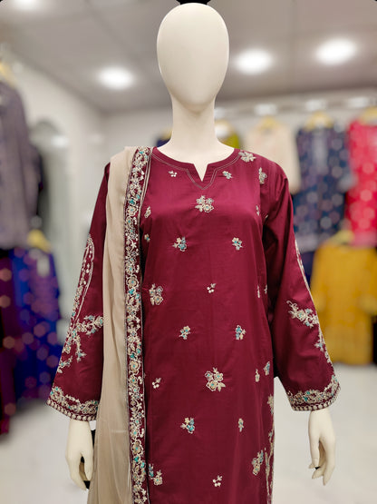 Maron Embroided Shirt | Light Brown Chiffon Dupatta |Stitched | 3 Piece