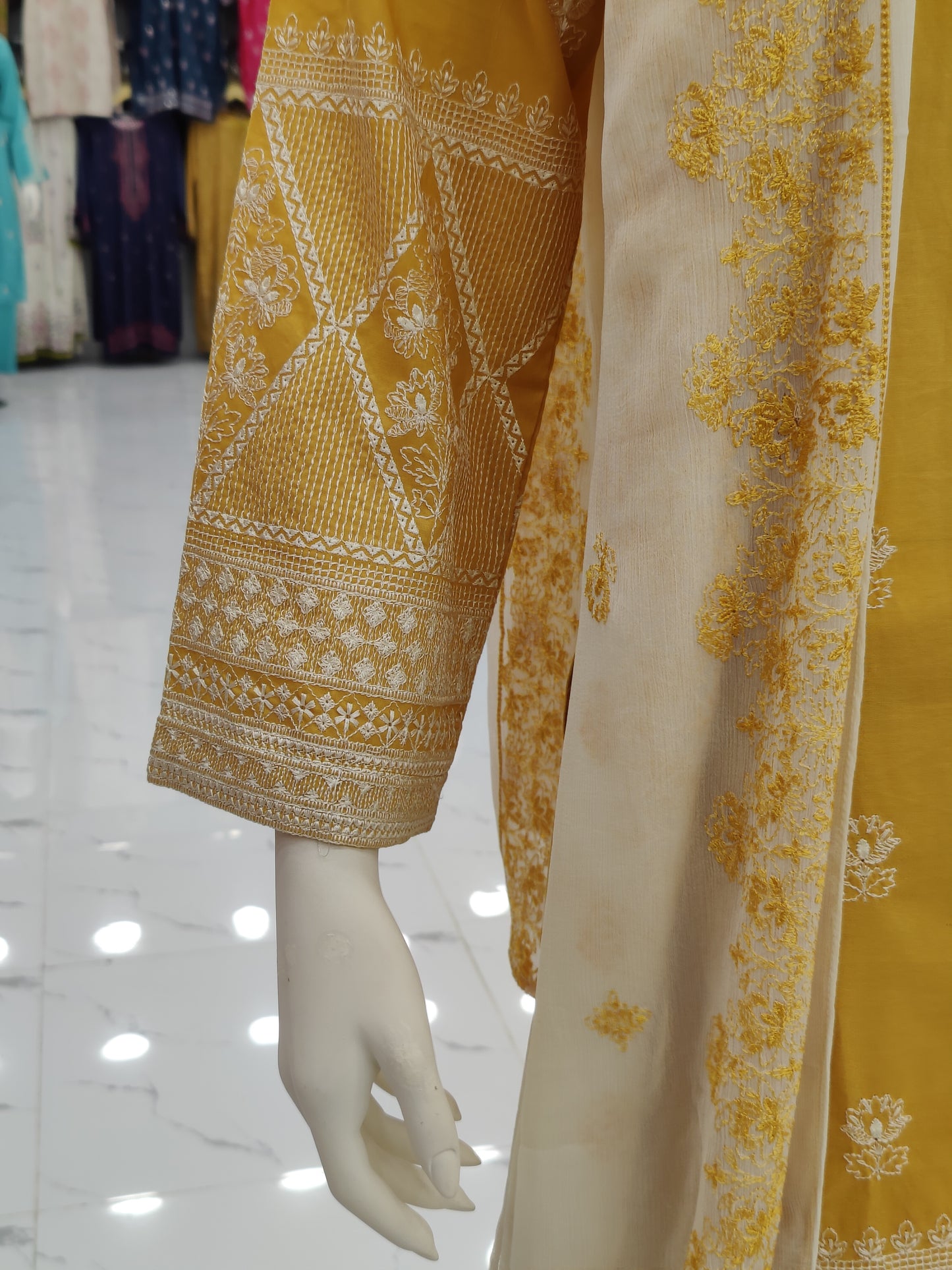 Embroidered Yellow Shirt | Embroidered Cream Dupatta | Stitched | 3 Piece